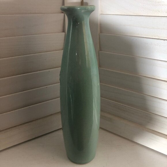Glossy Art Pottery Vase Ceramic "Relax" Imprint Tall Bottle-Neck Seafoam Green - Picture 5 of 9